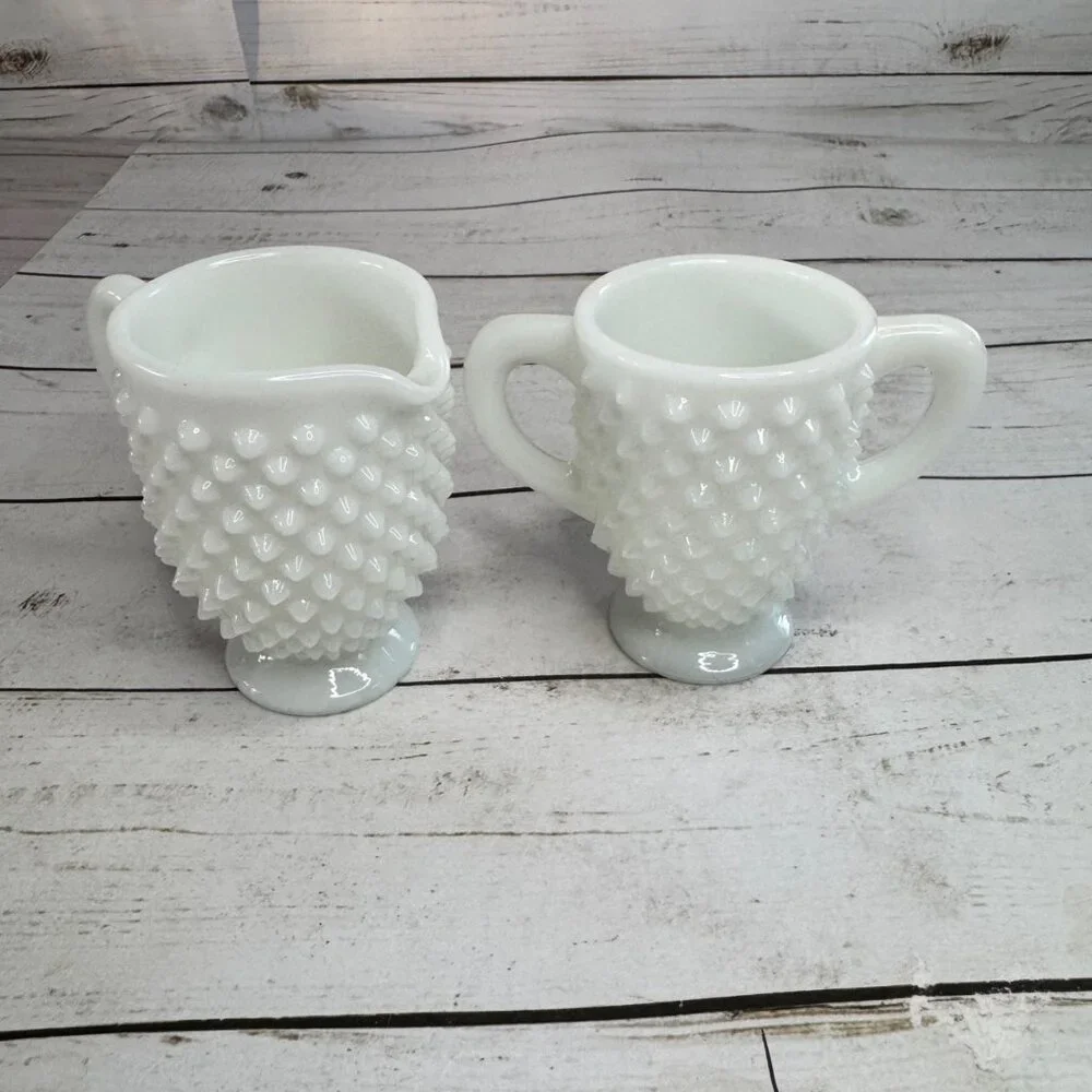 Vintage Fenton Milk Glass Hobnail Creamer & Sugar‎ Bowl Set White
